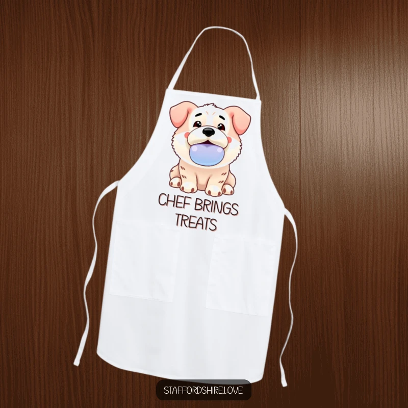 Funny Kawaii Staffordshire apron showing an enthusiastic dog offering a slobbery toy, adding playful humor to the kitchen.