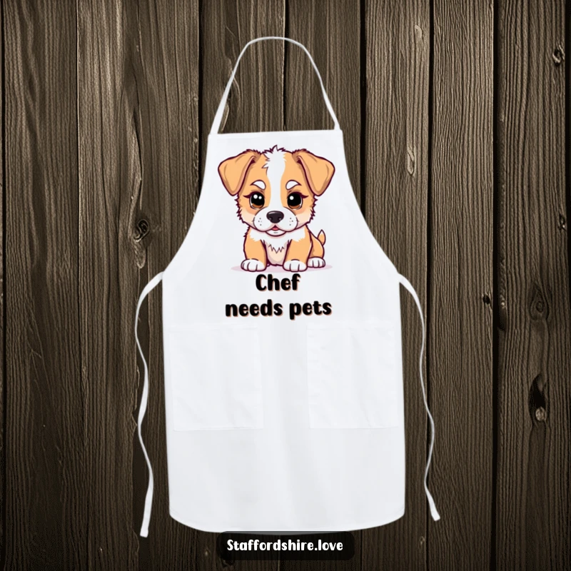 Funny kawaii Staffordshire puppy apron, showing a cute puppy playfully nudging, ideal for protecting clothes with a side of humor.