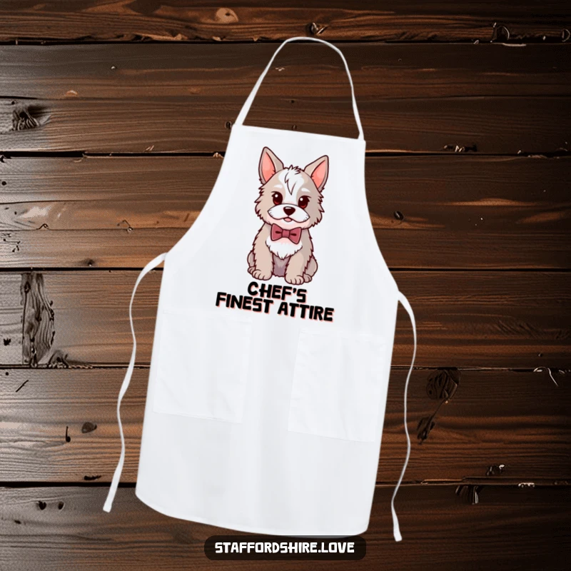 Funny Kawaii Staffordshire apron showing a proud dog in a bowtie, ready to bring dapper humor to the kitchen.