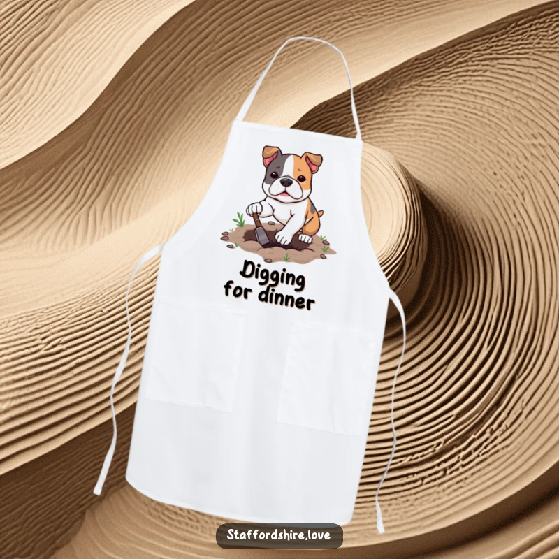 Funny kawaii Staffordshire Bull Terrier apron with determined digging, bringing motivated and humorous charm to the kitchen.