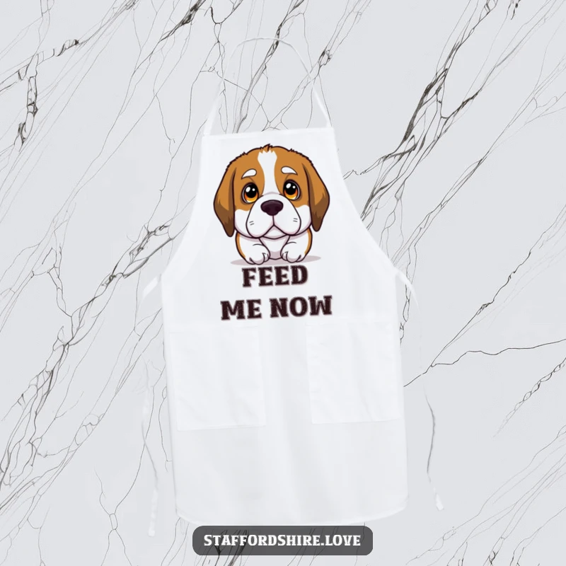 Funny apron with a Saint Bernard dog's soulful eyes looking up, perfect for adding a heartwarming and humorous touch to cooking.