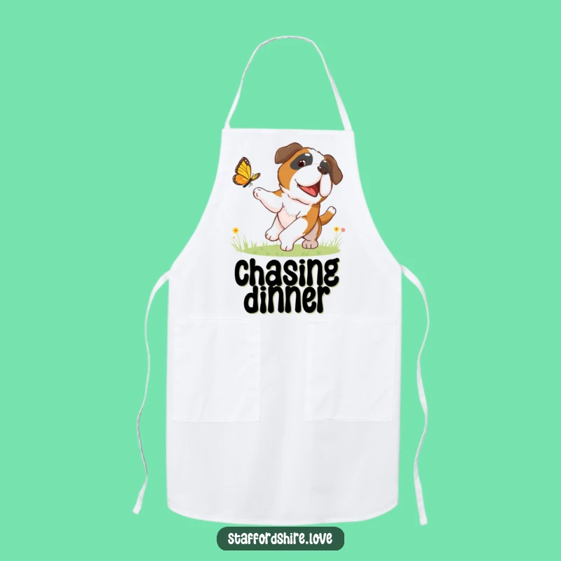 Funny Butterfly Chasing Apron - Playful Saint Bernard Kitchen Fun Gift