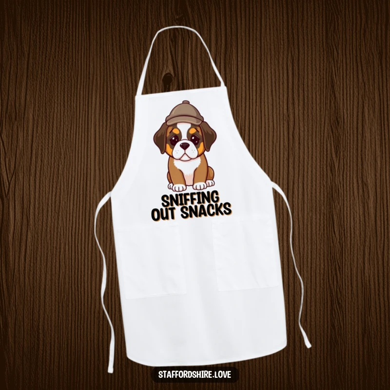 Funny apron with a Saint Bernard puppy wearing a detective hat, ready to help you solve the mystery of delicious meals.