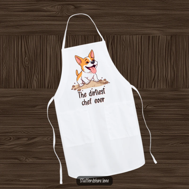 Funny, energetic Staffordshire dog with a happy pant, digging enthusiastically in soft earth on a practical and humorous kitchen apron.