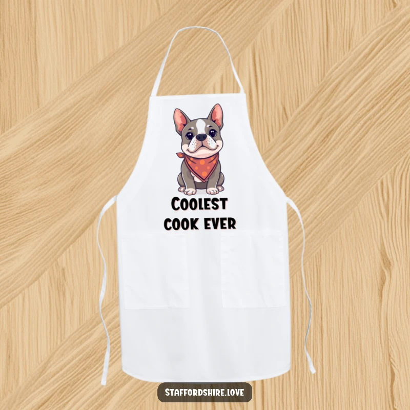 Funny Kawaii Staffordshire Bull Terrier apron, wearing a bandana and looking cool, ready to assist in the kitchen.