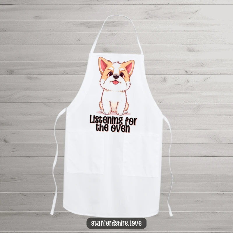 Funny Kawaii Staffordshire Apron, featuring a cute Staffy with a curious head tilt, adding playful flair to kitchen duties.