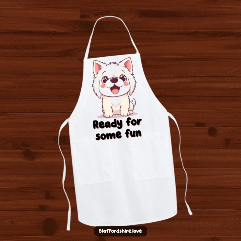 Funny Apron depicting a Kawaii Staffordshire dog with excited, wide eyes, looking ready to bake or play.