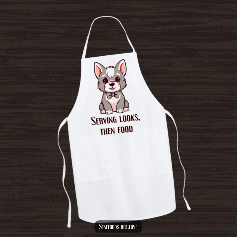 Funny kawaii Staffordshire apron, showing a proud dog sitting in a small bowtie, ideal for protecting clothes with a dash of sophisticated humor.