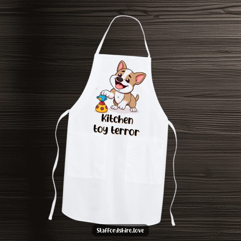 Funny apron showing a happy Staffordshire dog playfully pouncing at a toy, for kitchen energy.