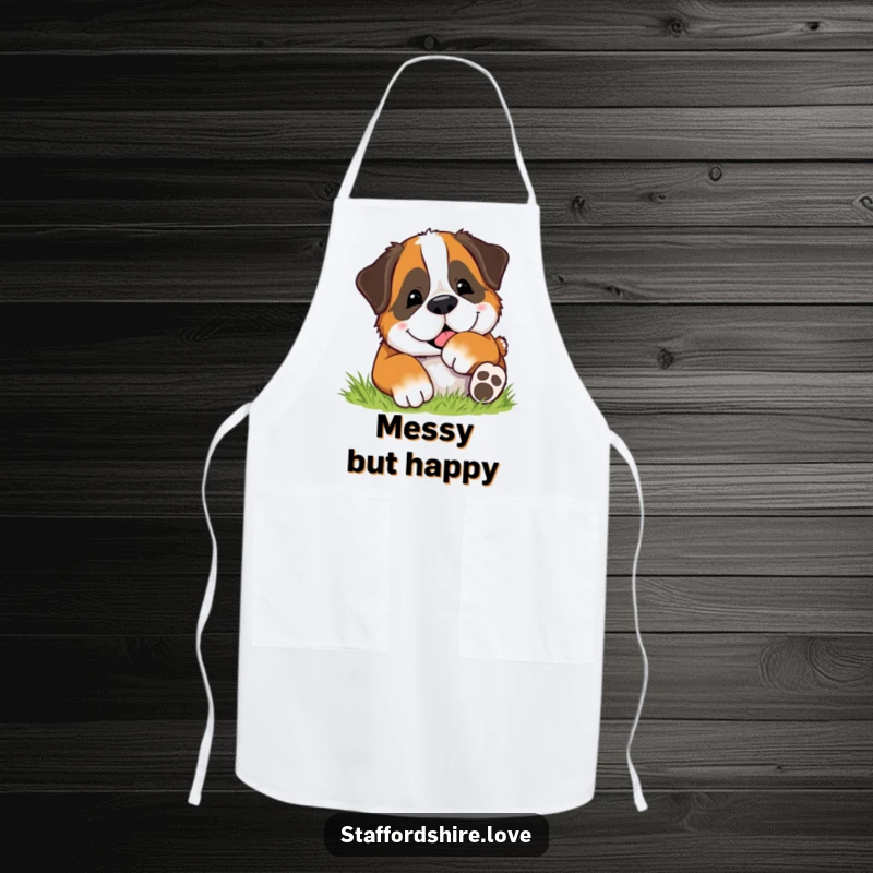 Funny apron with a Saint Bernard dog rolling happily in soft grass, perfect for adding a humorous and joyful touch to cooking.