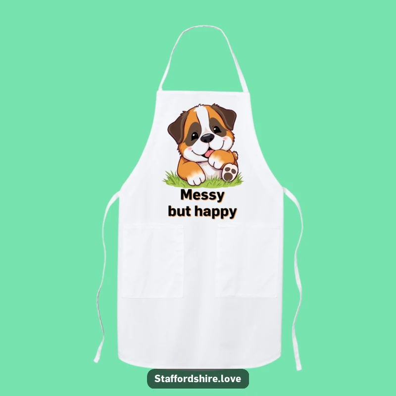 Funny Rolling Dog Apron - Happy Saint Bernard Grass Kitchen Gift