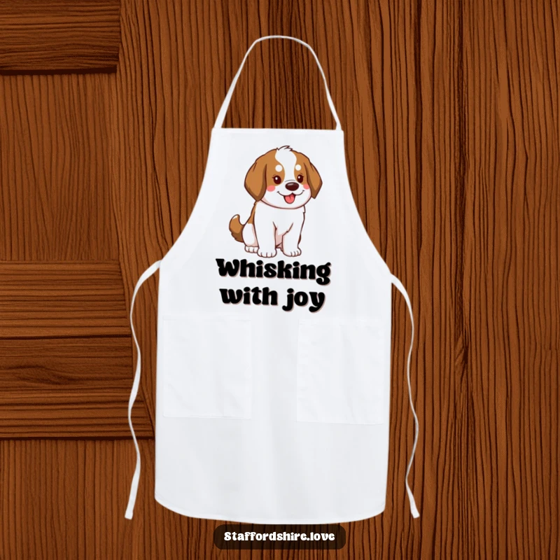 Funny Saint Bernard Apron showing a dog with a fluffy tail swaying enthusiastically, ideal for chefs who love energy and dogs.