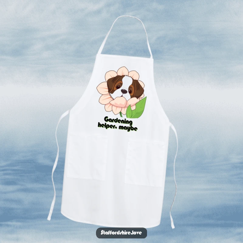 Funny Saint Bernard apron with the dog peeking from behind a giant flower, bringing humor and dog-lover appeal to the kitchen.