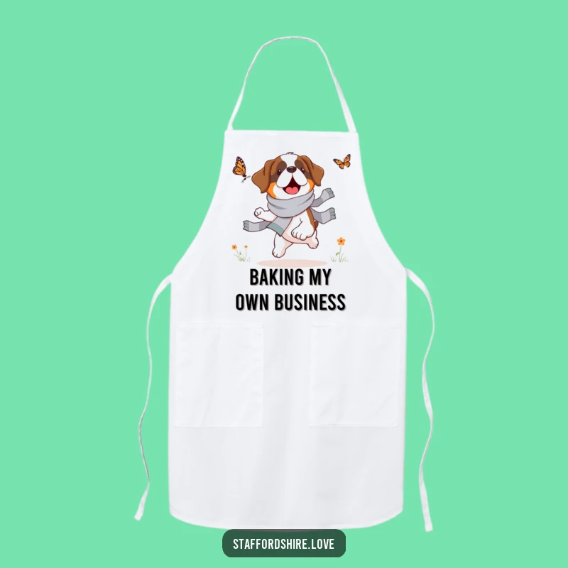 Funny Saint Bernard Butterfly Chase Apron: Kitchen Fun for Dog Lovers