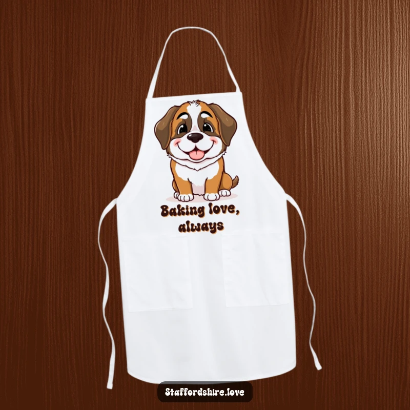 Funny Saint Bernard apron featuring a dog giving a gentle nudge with a warm, playful smile, perfect for kitchen warmth.