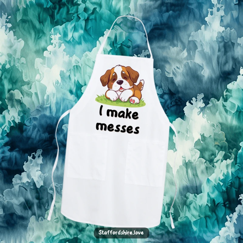 Funny Saint Bernard Apron: Cute apron with a kawaii Saint Bernard dog hilariously rolling on the grass.