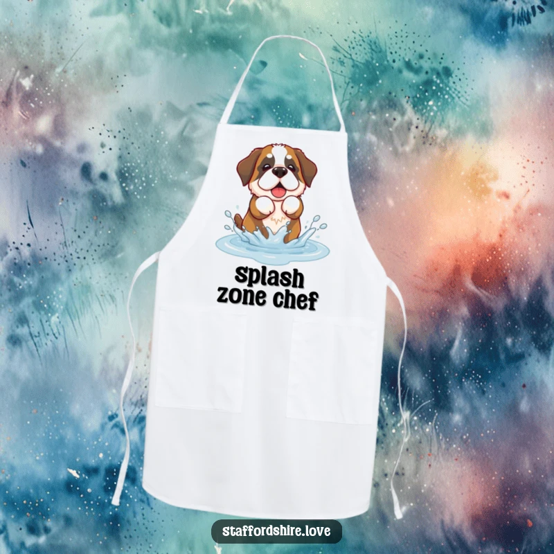 Funny apron featuring a kawaii Saint Bernard dog playfully splashing in a puddle, perfect for kitchen fun.