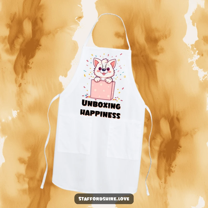 Funny apron depicting a Staffordshire character dramatically bursting out of a gift box with confetti, ideal for a humorous cook.