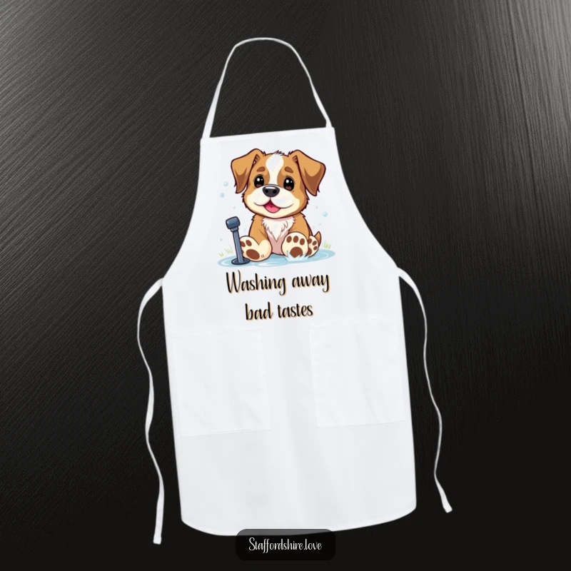 Funny Staffordshire dog with big paws playing in a sprinkler on a kitchen apron. Great gift.