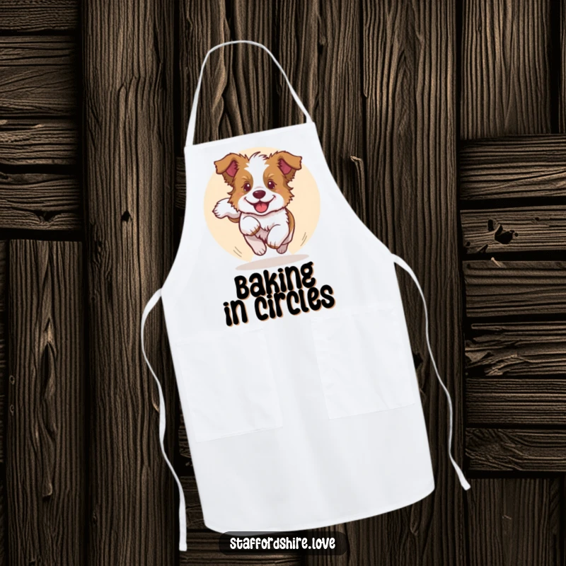 Funny apron with a Staffy puppy joyfully chasing its tail, ideal for kitchen fun and showing off Staffy love.