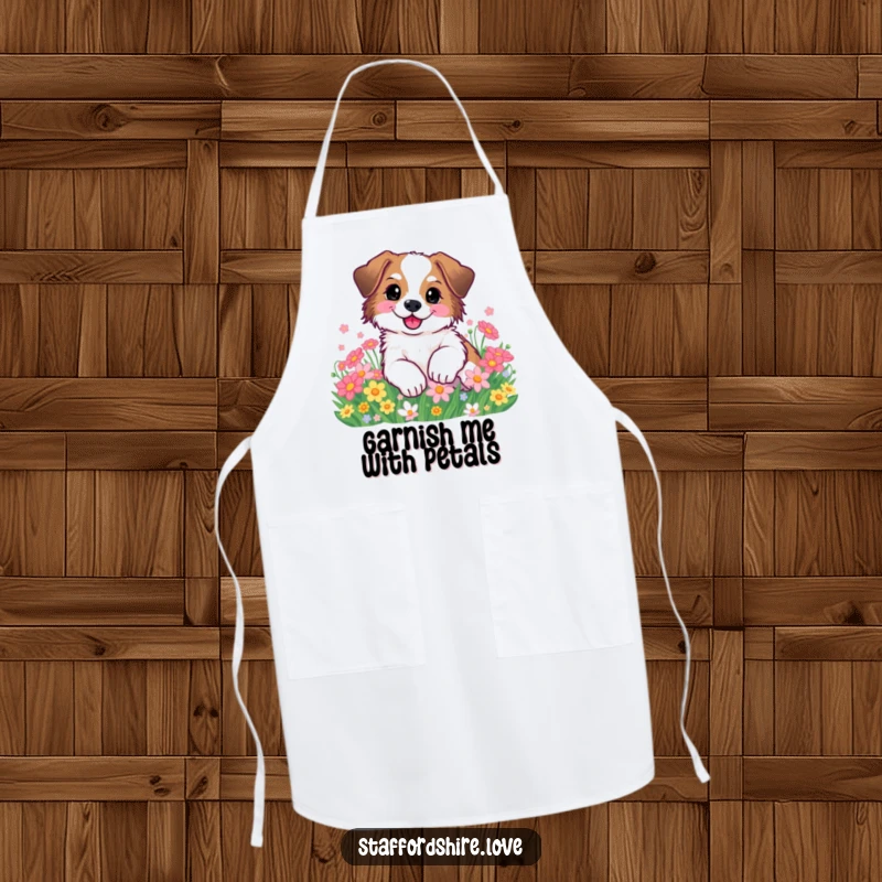 Funny Staffordshire dog happily rolling in flowers on a kitchen apron. Great gift.