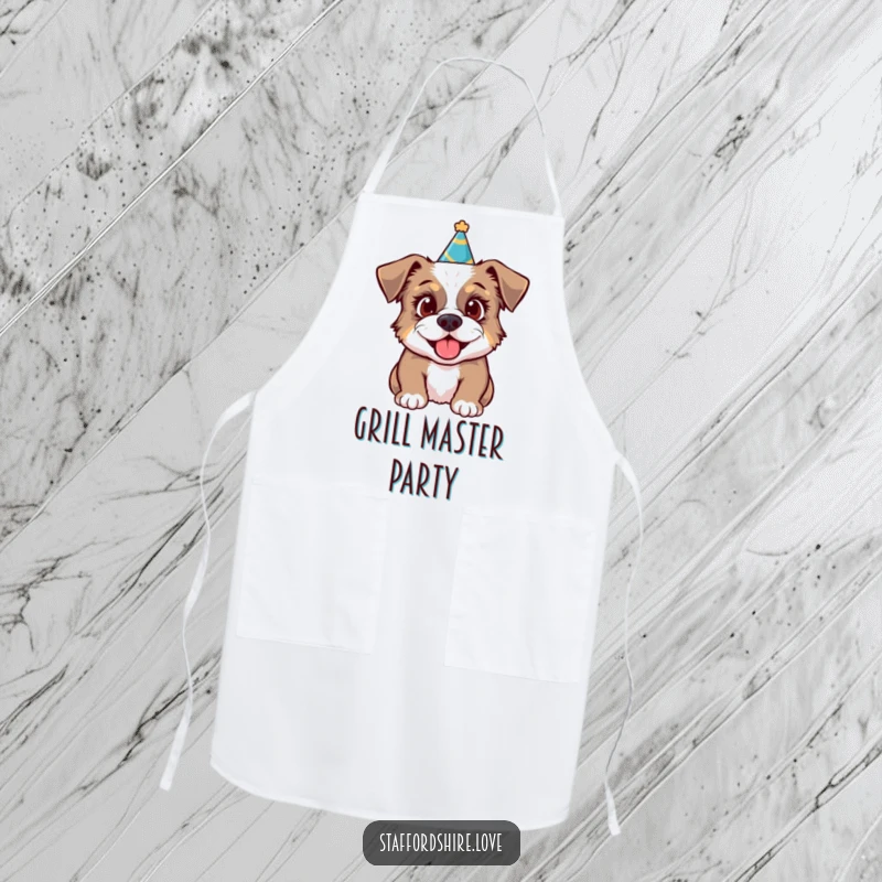 Funny apron showing a Staffordshire dog in a party hat, looking excited, for kitchen festivities.