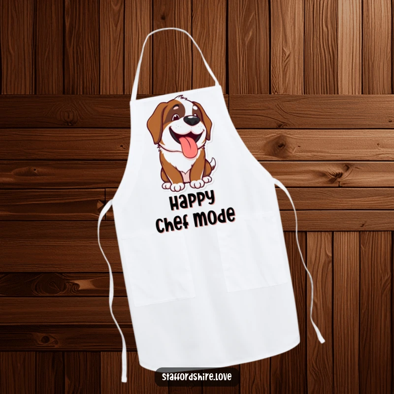 Funny Kawaii Saint Bernard apron featuring a happy, grinning dog chef, perfect for kitchen fun and as a funny gift.