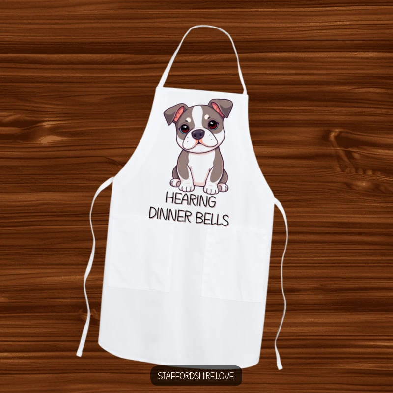Funny kawaii Staffordshire Bull Terrier apron with ears perked up, bringing attentive and humorous charm to the kitchen.