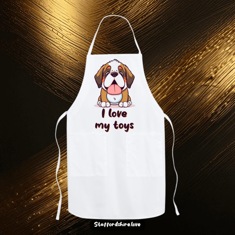 Funny Saint Bernard Apron: Cute apron with a kawaii Saint Bernard dog offering a slobbery toy.