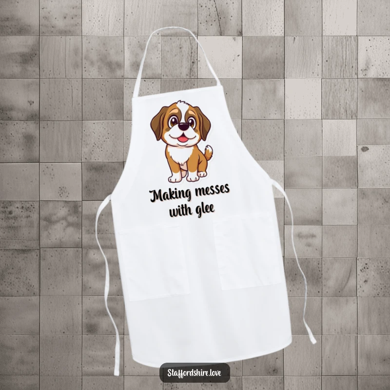 Funny Saint Bernard apron with a dog's shining eyes and wagging tail, bringing humor and dog-lover appeal to the kitchen.