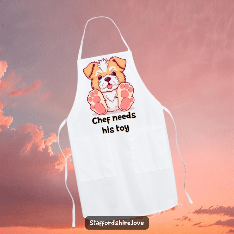 Funny Kawaii Staffordshire apron showing a dog with big paws reaching for a toy, adding playful humor to the kitchen.