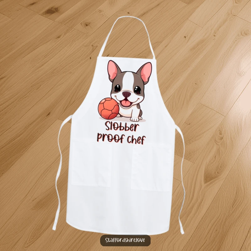 Funny Kawaii Staffordshire Bull Terrier apron, enthusiastically presenting a slobbery ball, ready for playtime in the kitchen.