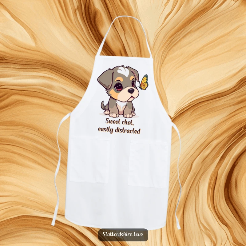 Funny Staffordshire pup with one ear flopped over, looking curiously at a fluttering butterfly on a practical and humorous kitchen apron.