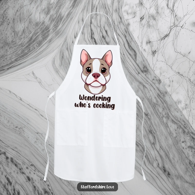 Funny kawaii Staffordshire Bull Terrier apron with head cocked curiously, bringing playful and humorous charm to the kitchen.