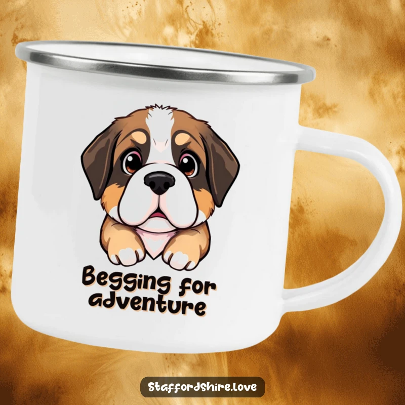 Funny Saint Bernard puppy camping mug with large, pleading eyes, designed for durability and humor during outdoor activities.