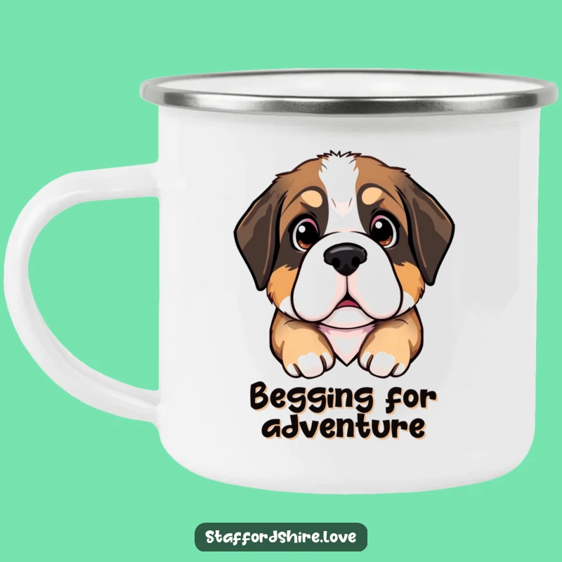 Funny Saint Bernard Puppy Camping Mug: Pleading Eyes for Outdoor Fun & Hilarious Gift