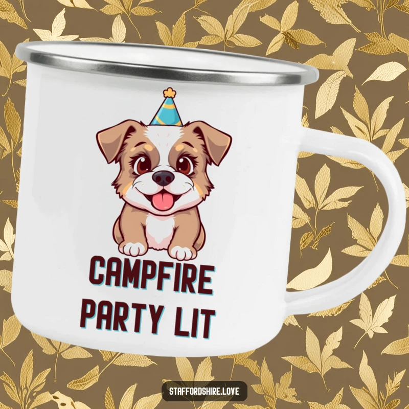 Funny camping mug with a Staffordshire dog in a party hat, looking excited, for outdoor celebrations.