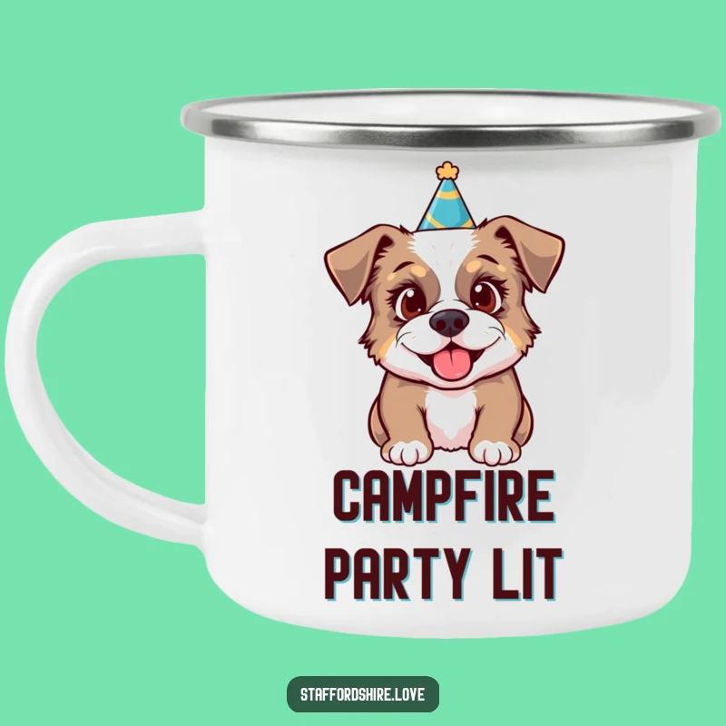 Funny Party Staffy Camping Mug: Festive Adventure, Excited Outdoors, Hilarious!