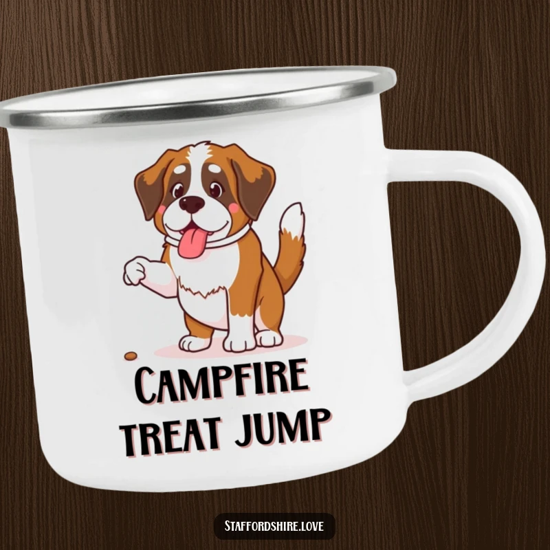 Funny Saint Bernard camping mug showing a dog with a wagging tail jumping for a treat, great for outdoors.