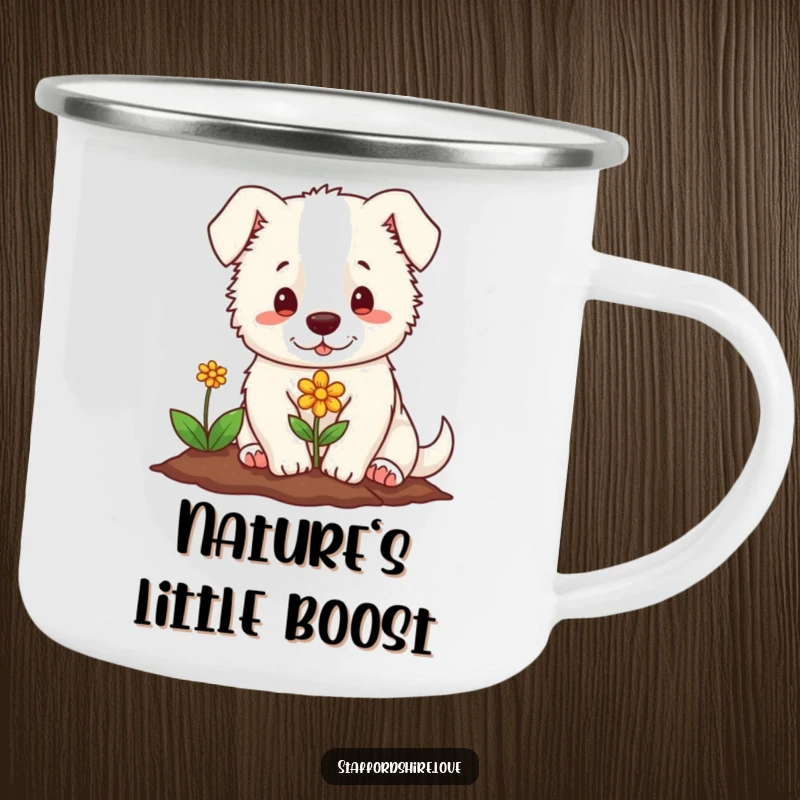 Funny camping mug with a soft Staffordshire character gently planting a tiny, colorful flower, bringing nature's humor outdoors.