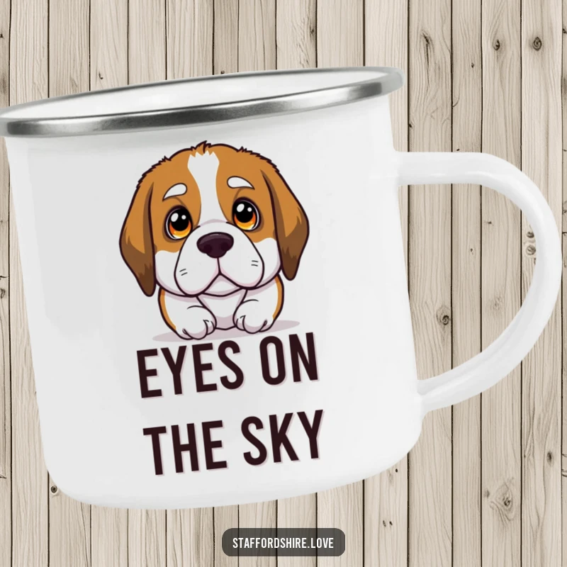 Funny camping mug featuring a Saint Bernard dog with large, soulful eyes looking up, ideal for enjoying drinks outdoors.