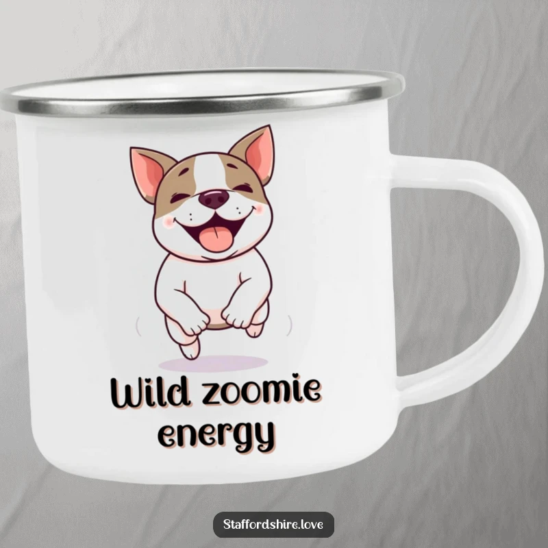 Funny Kawaii Staffordshire Bull Terrier camping mug, captured in a happy zoomie, ready for any outdoor escapade.