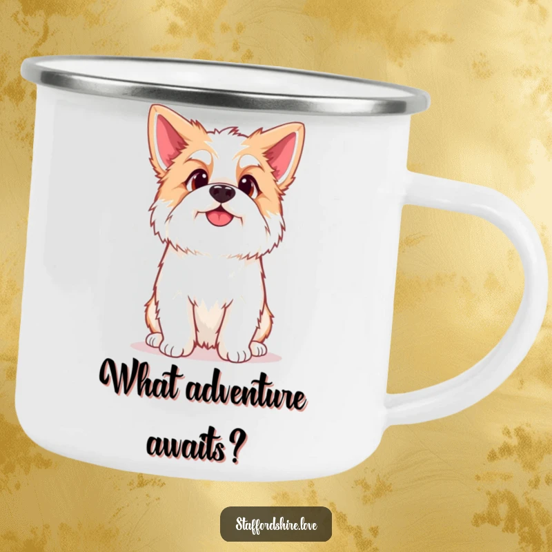 Funny Kawaii Staffordshire Camping Mug, featuring a cute Staffy with a curious head tilt, perfect for outdoor adventures and coffee.
