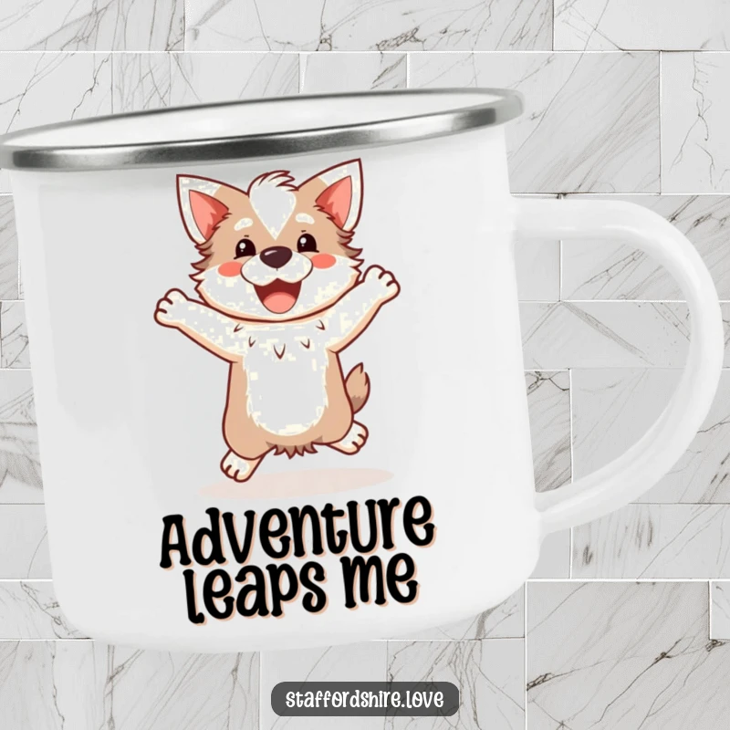 Funny Kawaii Staffordshire Camping Mug, featuring a cute Staffy doing a happy, clumsy jump, perfect for outdoor adventures and coffee.