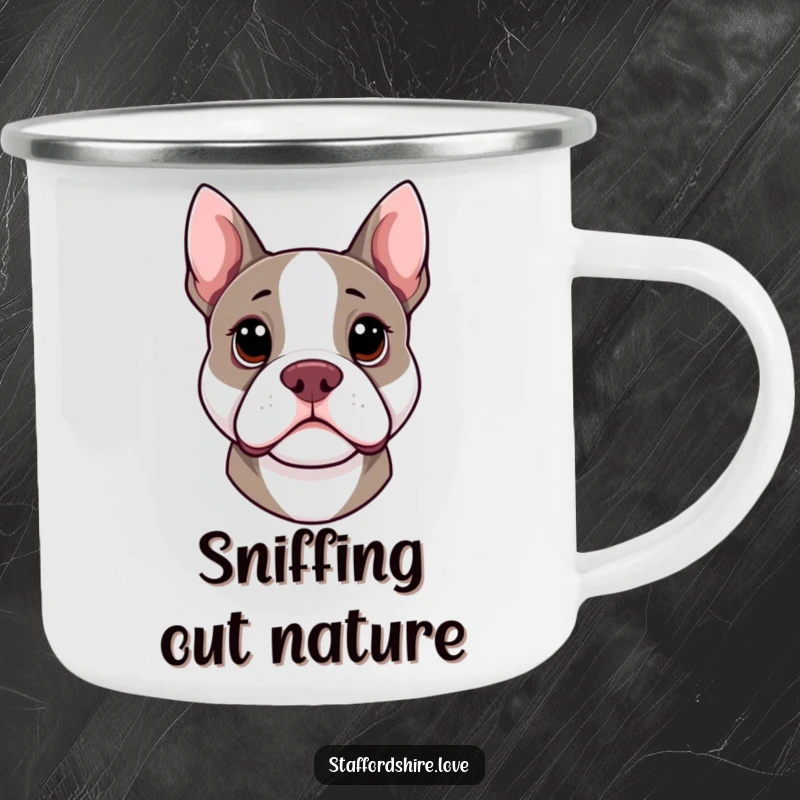Funny kawaii Staffordshire Bull Terrier camping mug with head cocked curiously, ideal for humorous outdoor enjoyment.