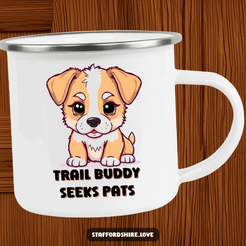 Funny kawaii Staffordshire puppy camping mug, depicting a cute puppy playfully nudging, ready for any adventure with a humorous touch.