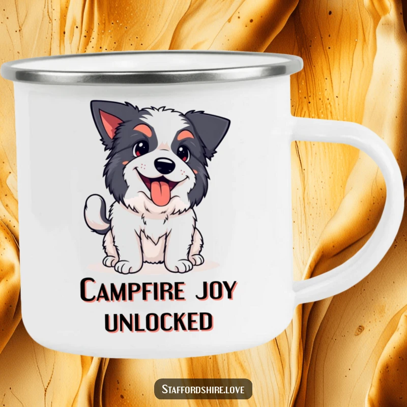 Funny kawaii Staffordshire camping mug, depicting a happy dog panting with a wagging tail, ready for adventures with a humorous touch.