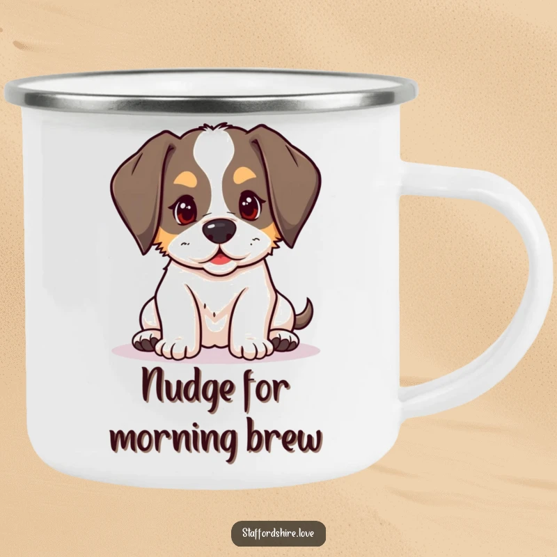 Funny kawaii Staffordshire puppy with floppy ears, playfully nudging on a camping mug, for humorous outdoor enjoyment.