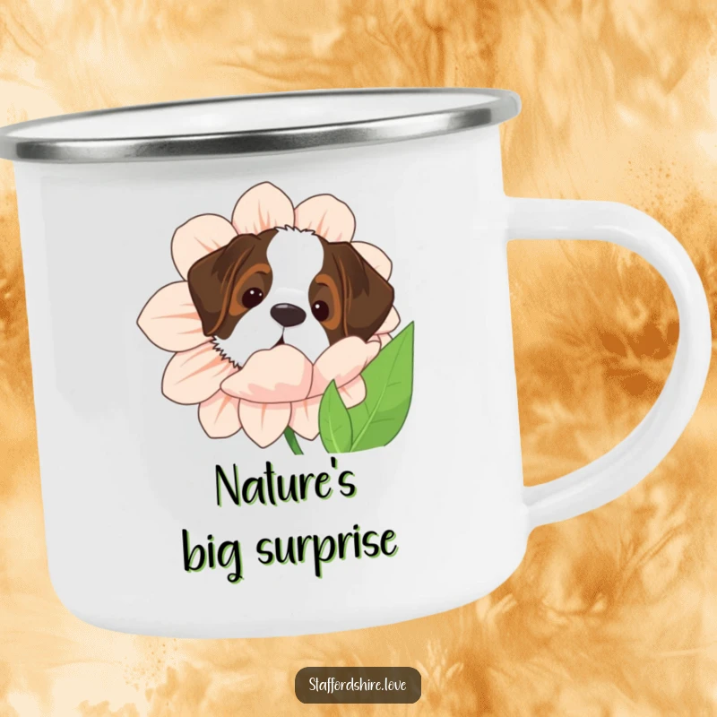 Funny Saint Bernard camping mug with the dog peeking from behind a giant flower, perfect for outdoor canine charm.