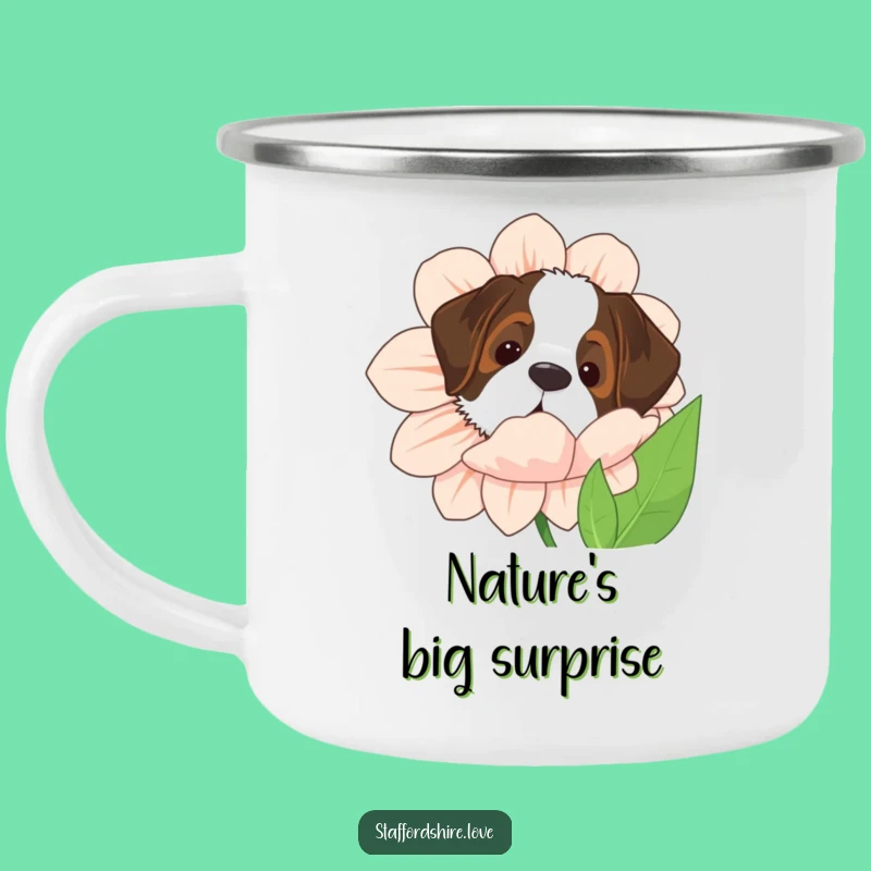 Funny Saint Bernard Camping Mug - Giant Flower Peekaboo Enamel Gift
